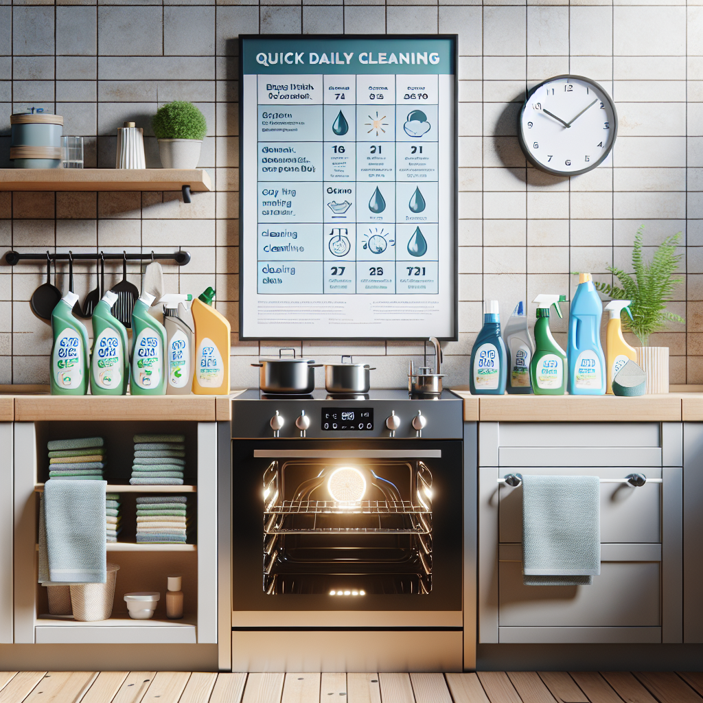 Modern kitchen with gleaming oven, eco-friendly cleaning products, schedule chart, and clock, ideal for busy homeowners.