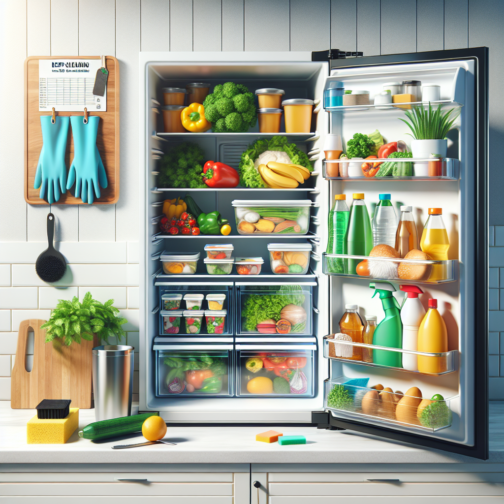 Spotless open refrigerator with neatly arranged food, fresh vegetables, and beverage bottles. Includes gloves, sponge, eco-friendly cleaner, and checklist.