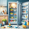 Open refrigerator filled with food items, ready for deep cleaning. Cleaning supplies nearby. Maintaining kitchen hygiene.
