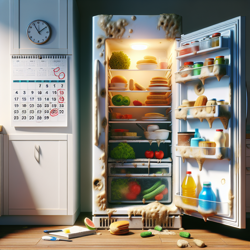 Open refrigerator reveals fresh and spoiled food, urging deep cleaning for kitchen hygiene.