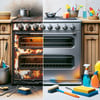 Before-and-after image of old oven restoration with cleaning tools, showcasing transformation from rusty to pristine condition.