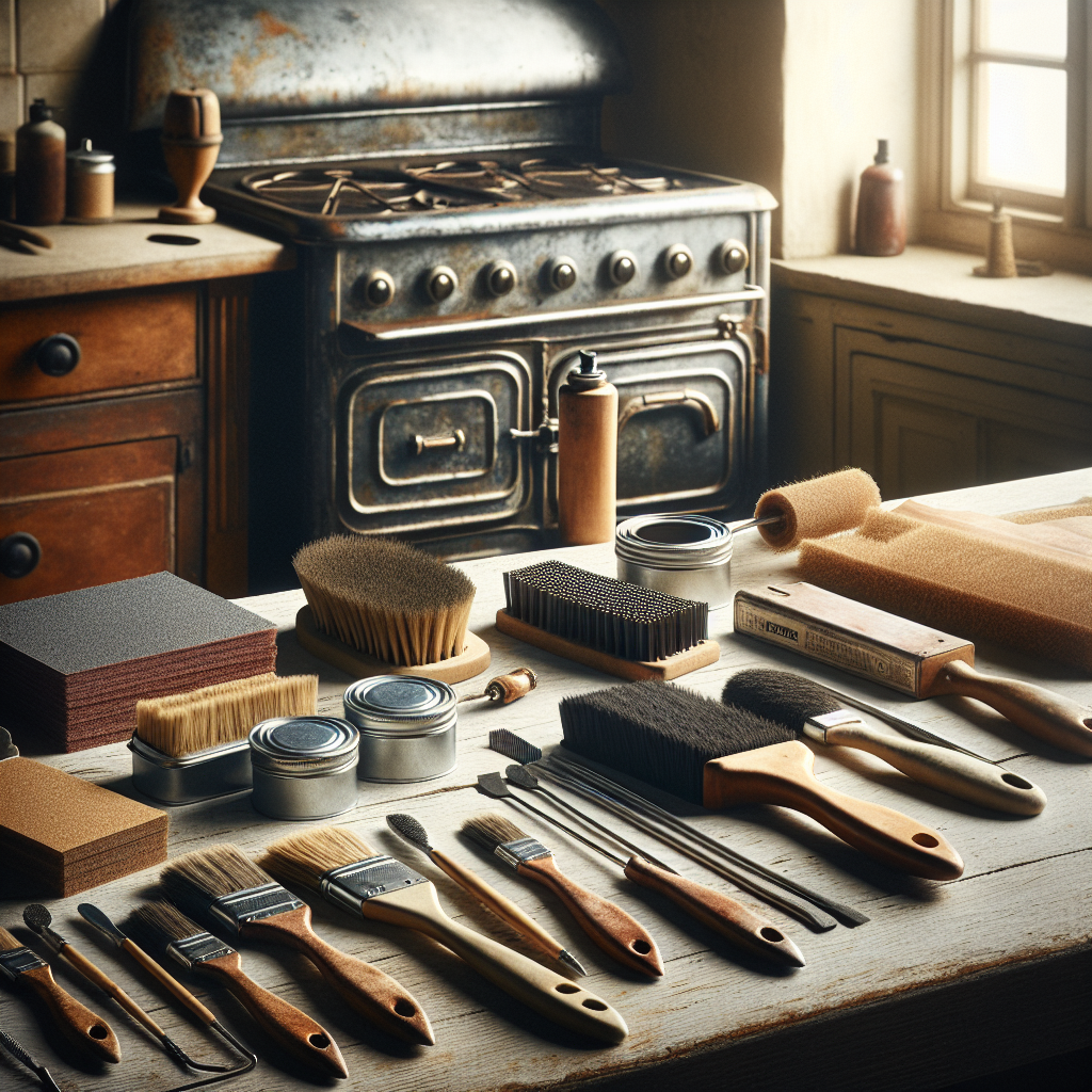 Restoration tools neatly arranged on table, with old-fashioned oven in background. Wire brushes, sandpaper, enamel paint.