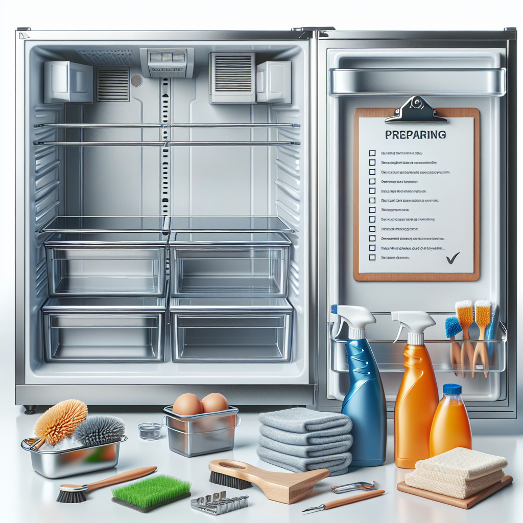 Empty refrigerator and freezer with cleaning supplies and checklist for safe deep cleaning.