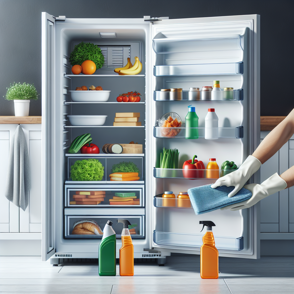 Hands holding eco-friendly cleaning supplies near open refrigerator and freezer doors with neatly arranged food items.