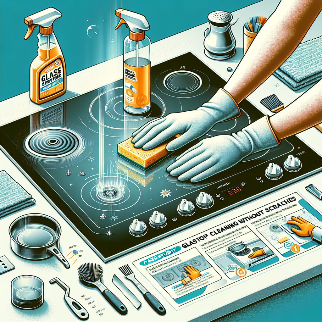 Hands in gloves apply non-abrasive solution to pristine glass stovetop, demonstrating scratch-free cleaning process.