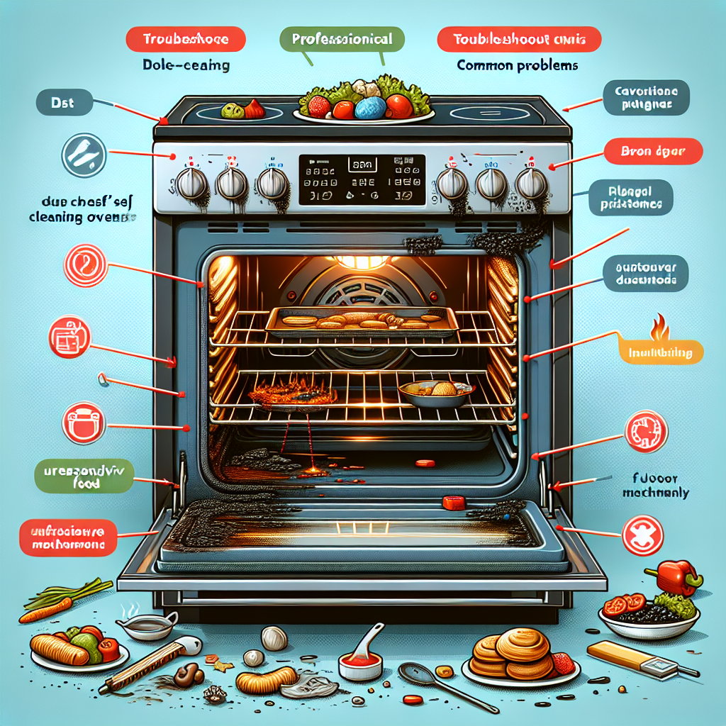 Open self-cleaning oven with charred food residue, unresponsive control buttons, and faulty door mechanism highlighted.