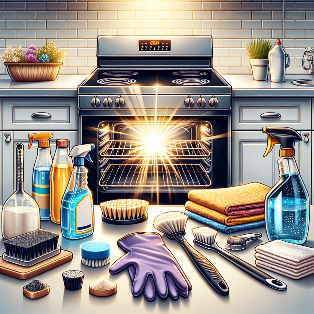 Oven cleaning supplies on a kitchen counter, including scrub brushes, cleaner, gloves, baking soda, vinegar, towels. Shining oven in background.
