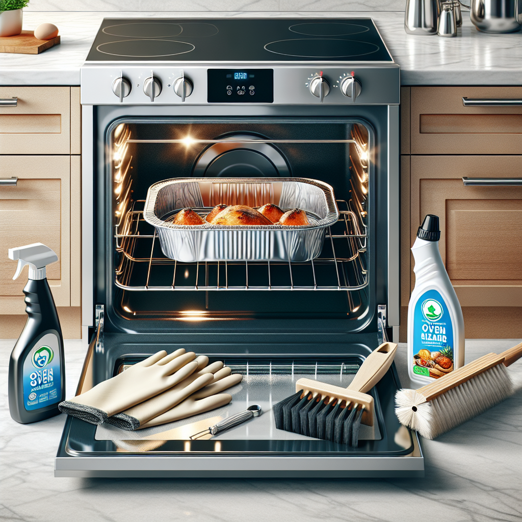 Spotless oven with foil-wrapped roasting pan, cleaning brush, eco-friendly cleaner, and gloves in modern kitchen.