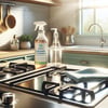 Sparkling clean stovetop with organic cleaner and cloth, sunlit kitchen backdrop. Illustrates importance of regular cleaning.