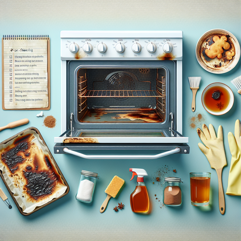 Open oven with burnt residue, spilled baking dish, cleaning supplies, and notepad with steps for tackling burnt oven residue.