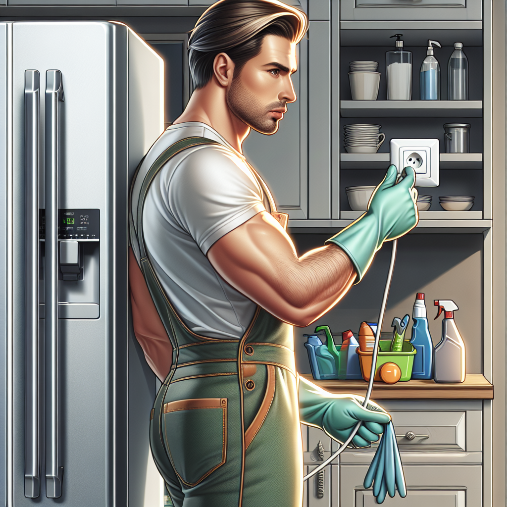 Man in cleaning attire plugs fridge back in, surrounded by sparkling fridge and cleaning supplies.