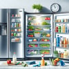 Clean, organized fridge with fresh food, beverages, and cleaning tools. Clock shows one hour. 10 steps to thoroughly clean your fridge.