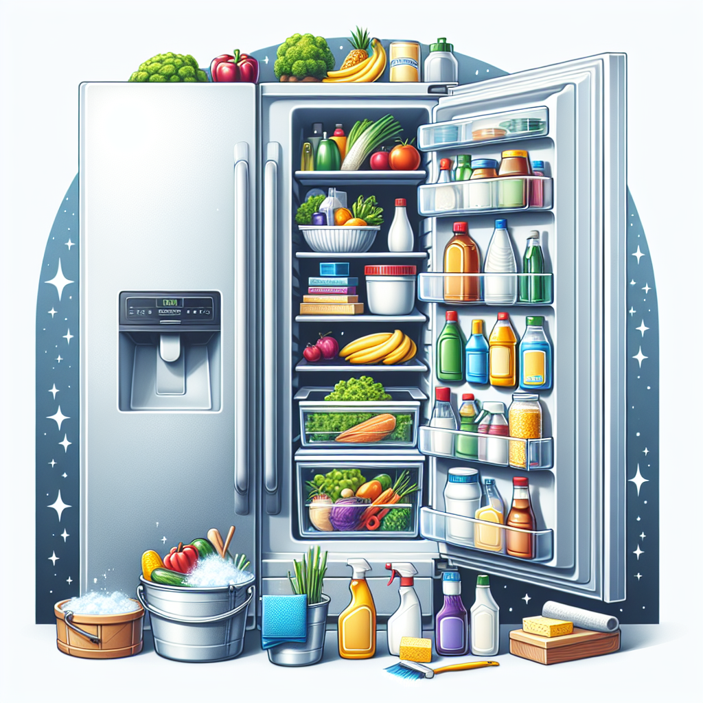 Spotless, organized refrigerator with cleaning supplies and fresh groceries. Ultimate Home Cleaning Guide 2023: Tips & Tricks.